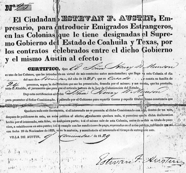 Munson entrance certificate to Austin's Colony, 1828